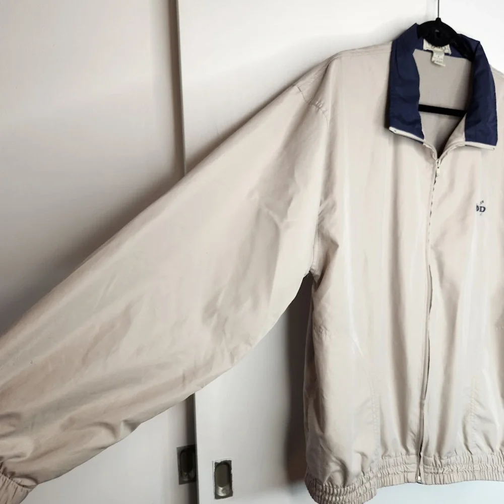 Vintage IZOD Nylon Windbreaker Full Zip Jacket 80s Golf Beige/Blue Mens Medium